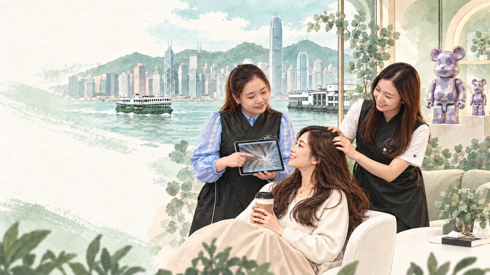 Sisi與阿魚陪客人飲咖啡、了解頭皮狀態,窗外有維港及天星小輪的水墨插畫